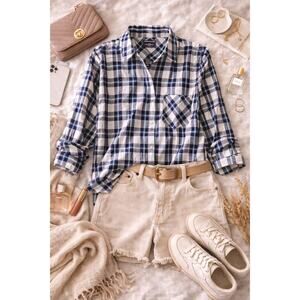 NWT UNTUCKit Women's Sorbo Plaid Button Up Shirt Long Sleeve Blue/White Size 10